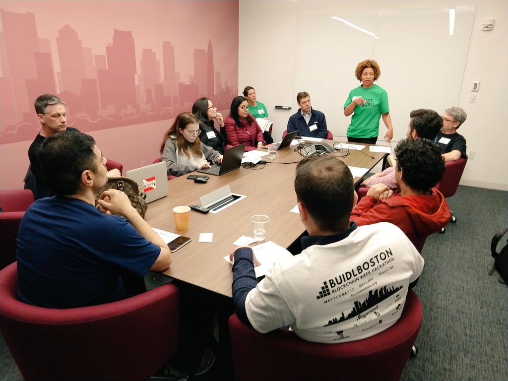 BuidlBoston 2019 conference room with Boston skyline mural