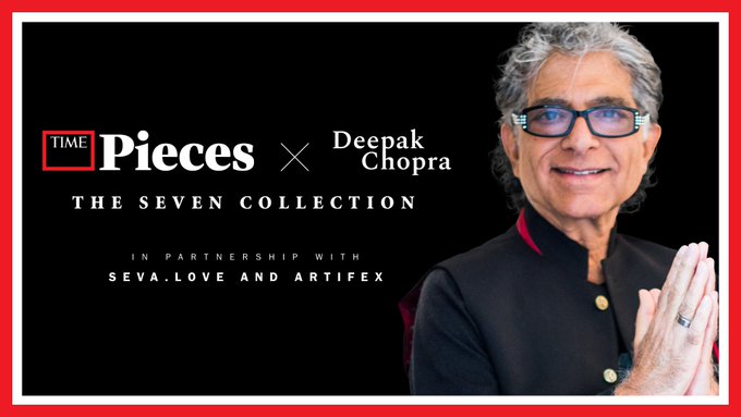 Official TIMEPieces × Deepak Chopra — The Seven Collection campaign banner, in partnership with Seva.Love and Artifex
