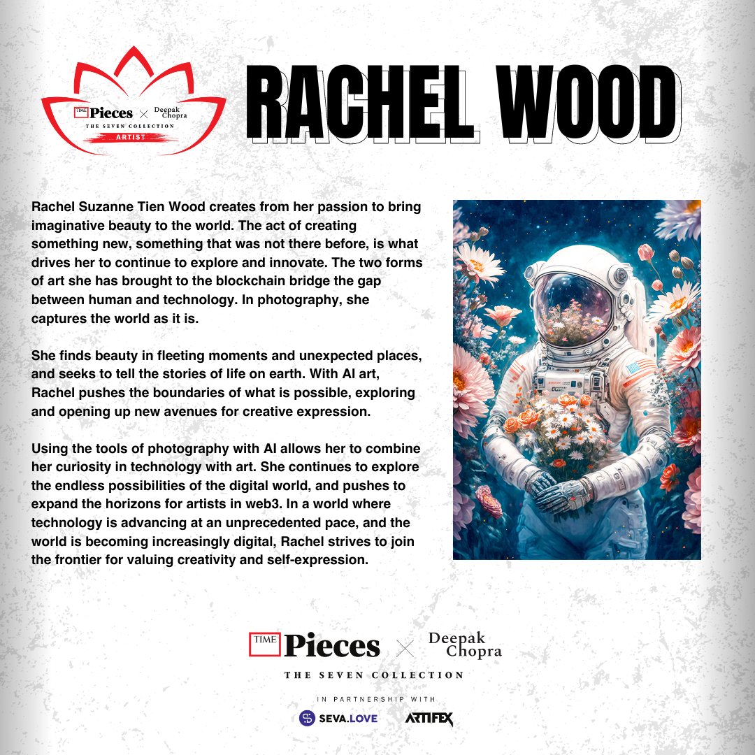 Rachel Wood — The Seven Collection artist bio card featuring her astronaut-with-flowers piece