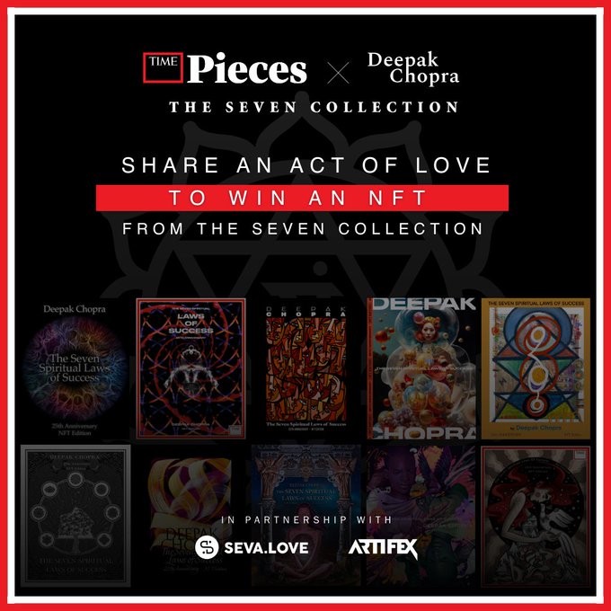'Share an Act of Love to Win an NFT from The Seven Collection' — community giveaway campaign asset for TIMEPieces × Deepak Chopra × Seva.Love × Artifex