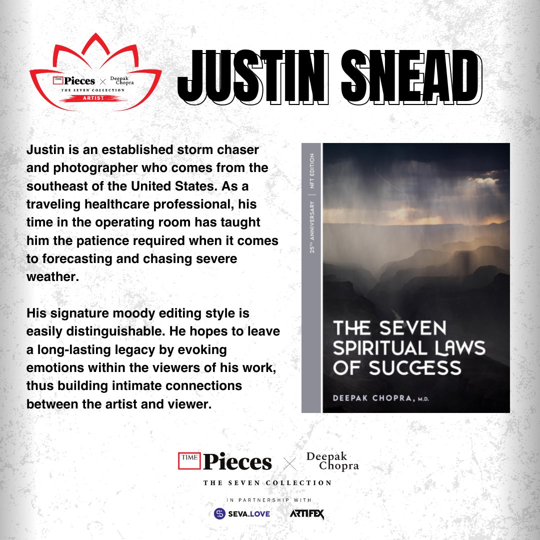 Justin Snead — The Seven Collection artist bio card featuring his storm-chaser photography interpretation of The Seven Spiritual Laws of Success