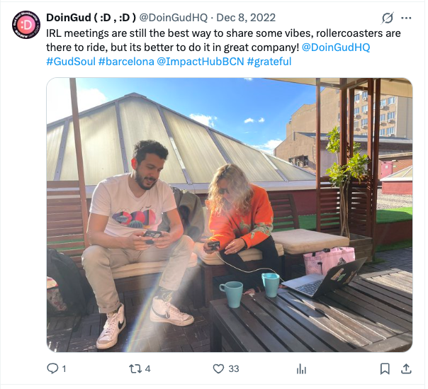 DoinGud team at ImpactHubBCN Barcelona — 'IRL meetings are still the best way to share some vibes', Dec 8, 2022