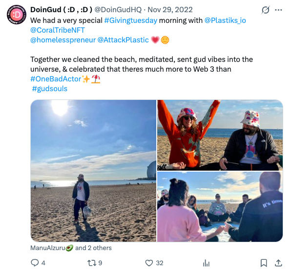 DoinGud Giving Tuesday activation — beach cleanup, meditation, sent good vibes to the universe, in coordination with Plastiks, Coral Tribe NFT, Homelesspreneur, and Attack Plastic. Nov 29, 2022.