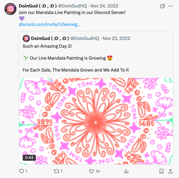 Live Mandala Painting in the DoinGud Discord — the mandala grows and expands with each sale, community art ritual