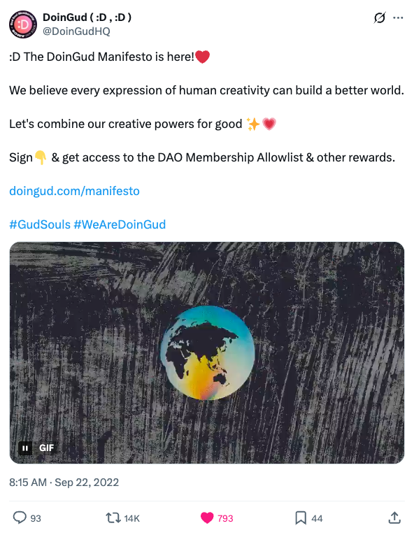 The DoinGud Manifesto launch tweet from September 22, 2022 — 'The DoinGud Manifesto is here! Sign up & get access to the DAO Membership Allowlist'