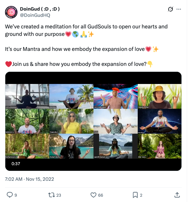 DoinGud community meditation content — Mel created a meditation for all Gud Souls to open hearts and ground with purpose. Collage of community members meditating.
