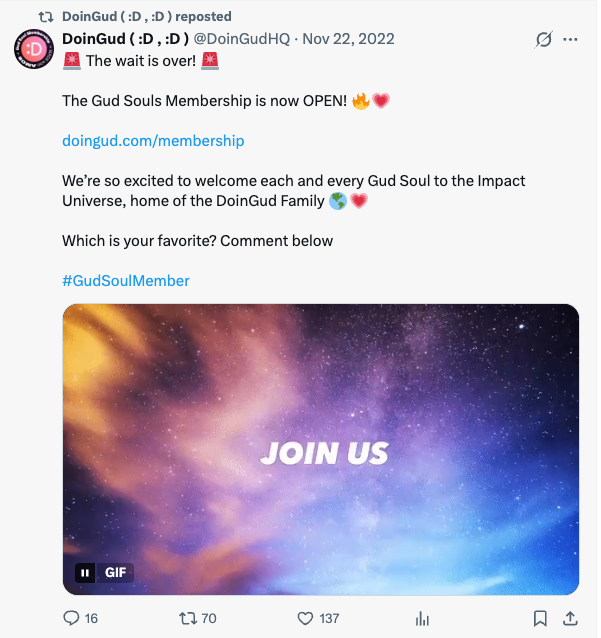 Gud Souls Membership opens tweet from November 22, 2022 — 'The wait is over! The Gud Souls Membership is now OPEN!'