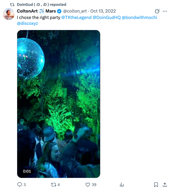 ColtonArt Mars retweeting the DoinGud IRL party — TKtheLegend event with Bond with Mochi, Oct 13, 2022