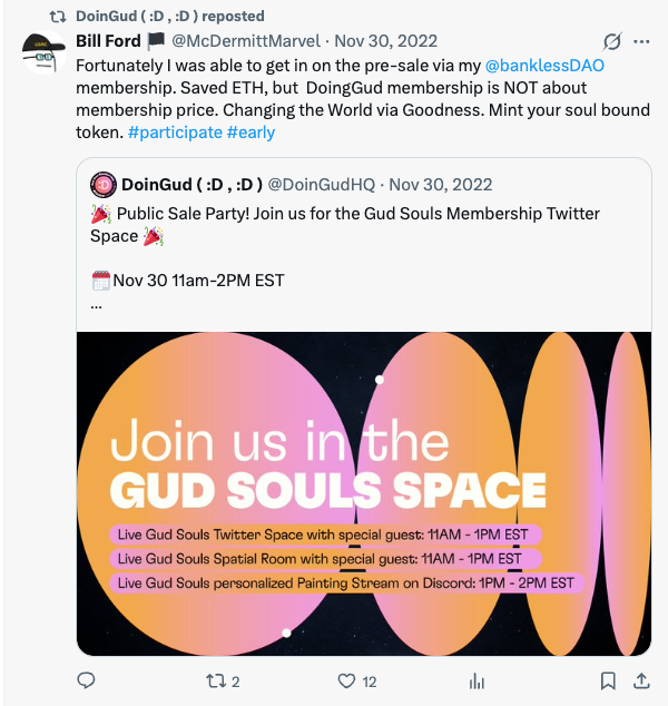 Bill Ford retweeting the DoinGud Manifesto Public Sale Party Twitter Space announcement — proof of ecosystem uptake