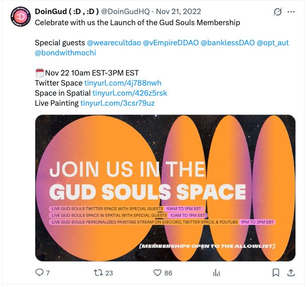 DoinGud Gud Souls Space announcement featuring Cult DAO, vEmpire DDAO, Bankless DAO, opt_aut, and Bond with Mochi as special guests
