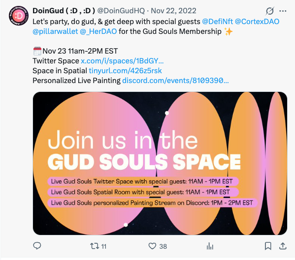 DoinGud Gud Souls Space announcement featuring DefiNft, Cortex DAO, Pillar Wallet, and HER DAO as special guests